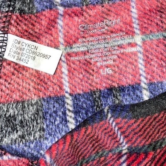 Nwot Climate Right by CuddlDuds  Plush Velour Cranberry/Navy Plaid Leisure Pants - Picture 2 of 3